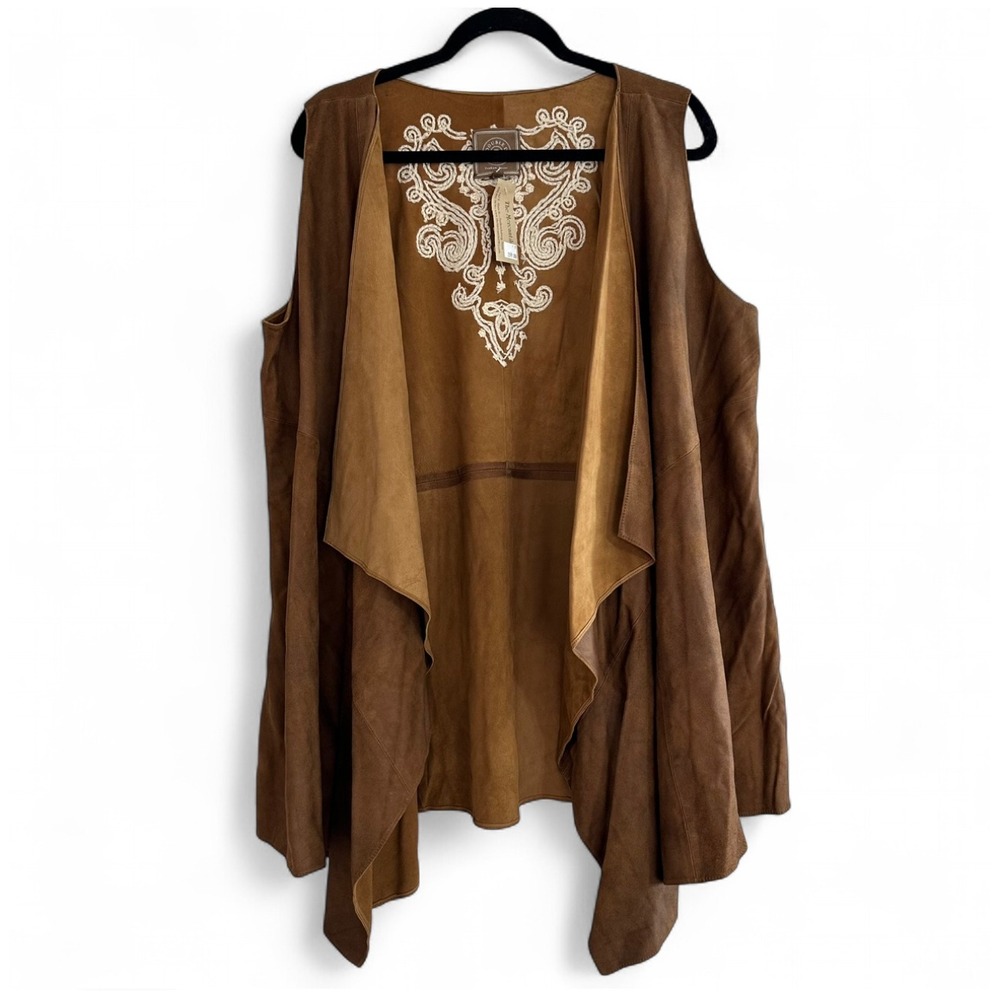 NEW Double D Ranch Embroidered Basque Shepherd Brown Suede Open Vest Women's 1X